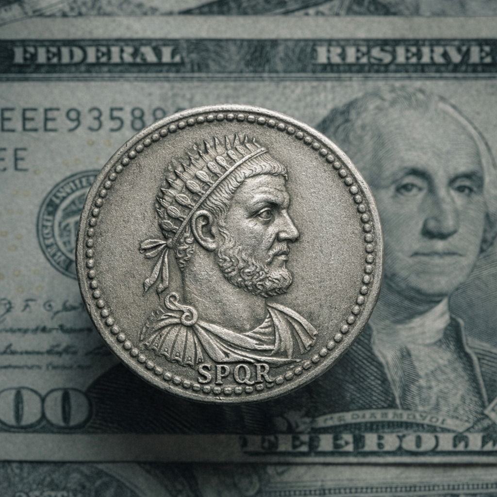 Ancient Roman Denarius coin against Federal Reserve note
