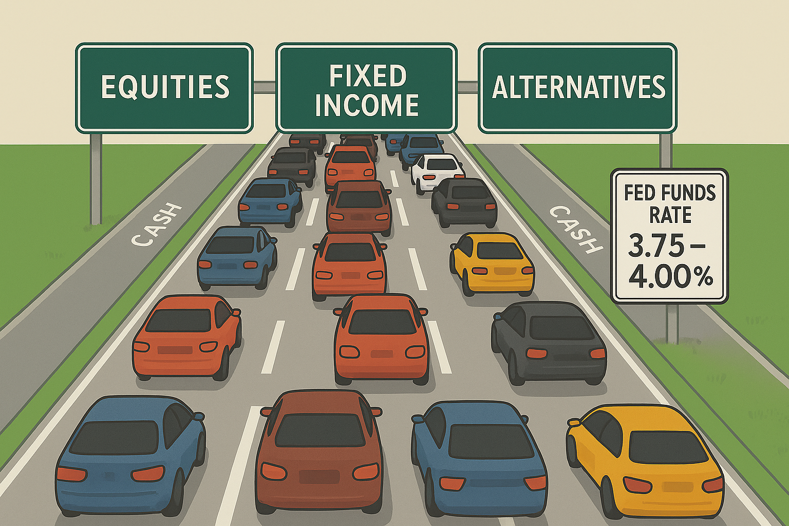 Traffic lanes representing Equities, Fixed Income, and Alternatives